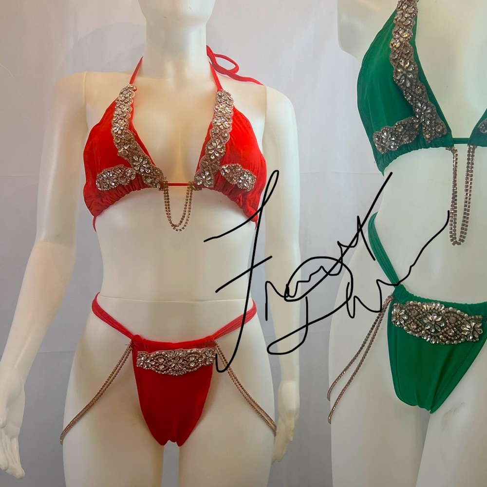 SMALL RED CUSTOM FANCY BY FRANCESCA WATSON STRING BIKINI DESIGN CELEBRITY FAV